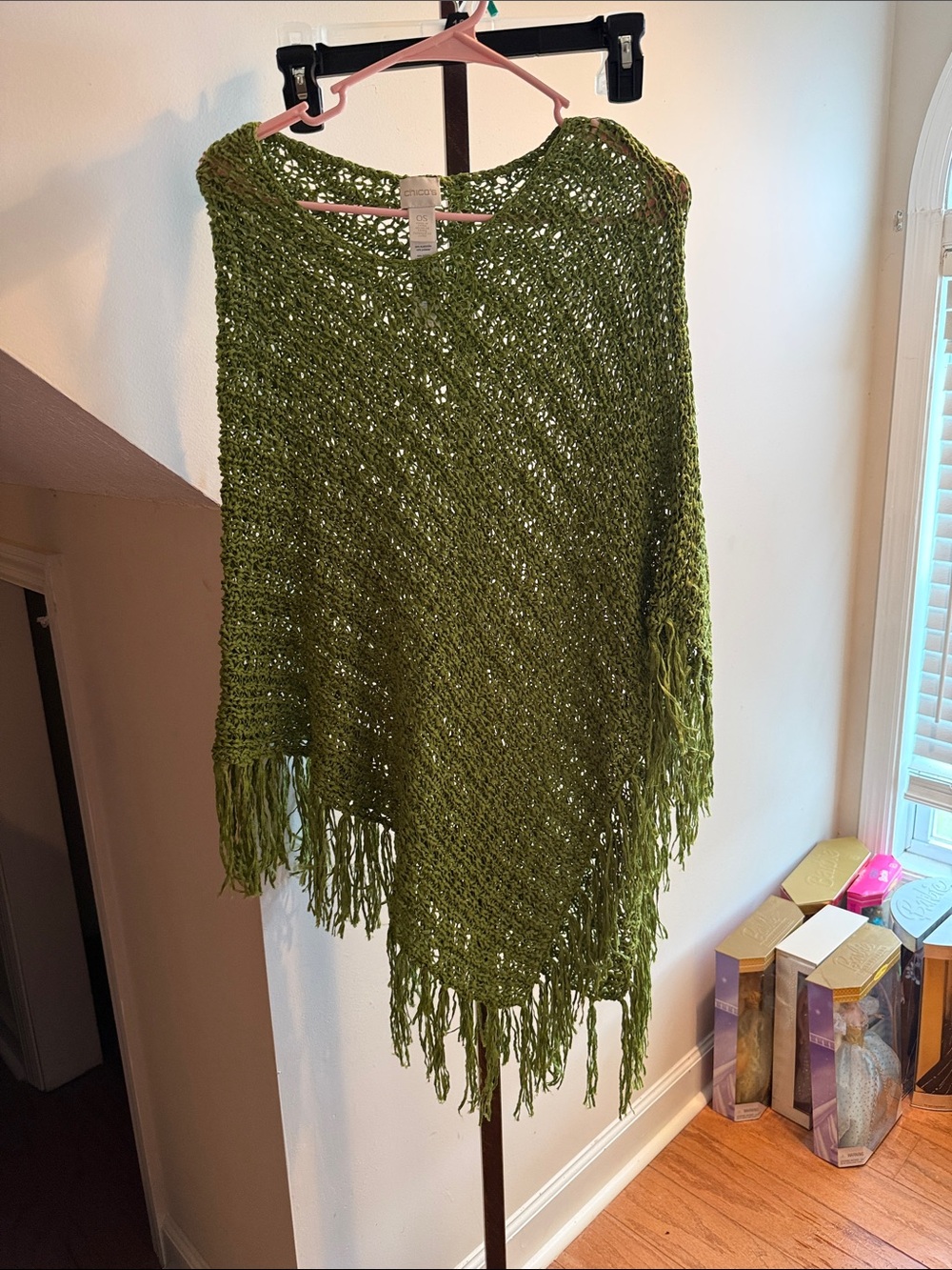 Chico's Olive Green Crochet Fringe Poncho